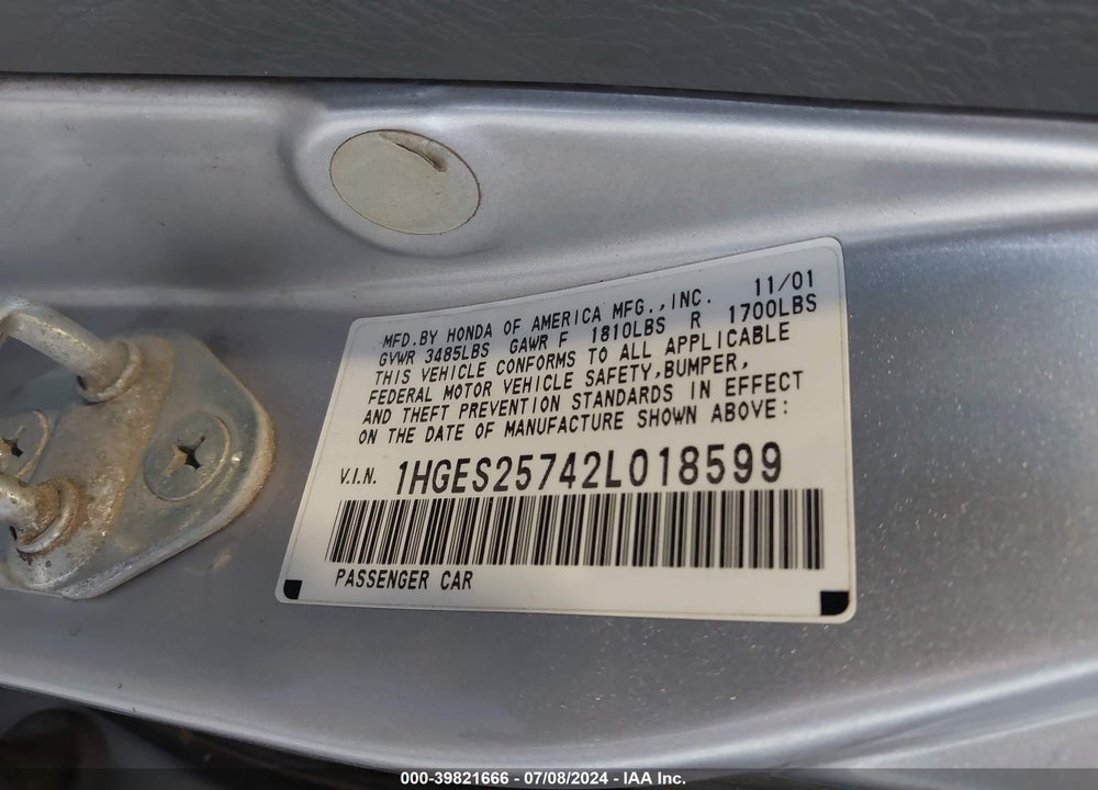 2002 HONDA CIVIC EX VIN: 1HGES25742L018599