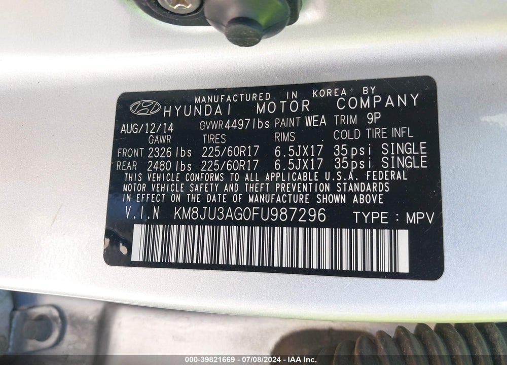2015 HYUNDAI TUCSON SE VIN: KM8JU3AG0FU987296