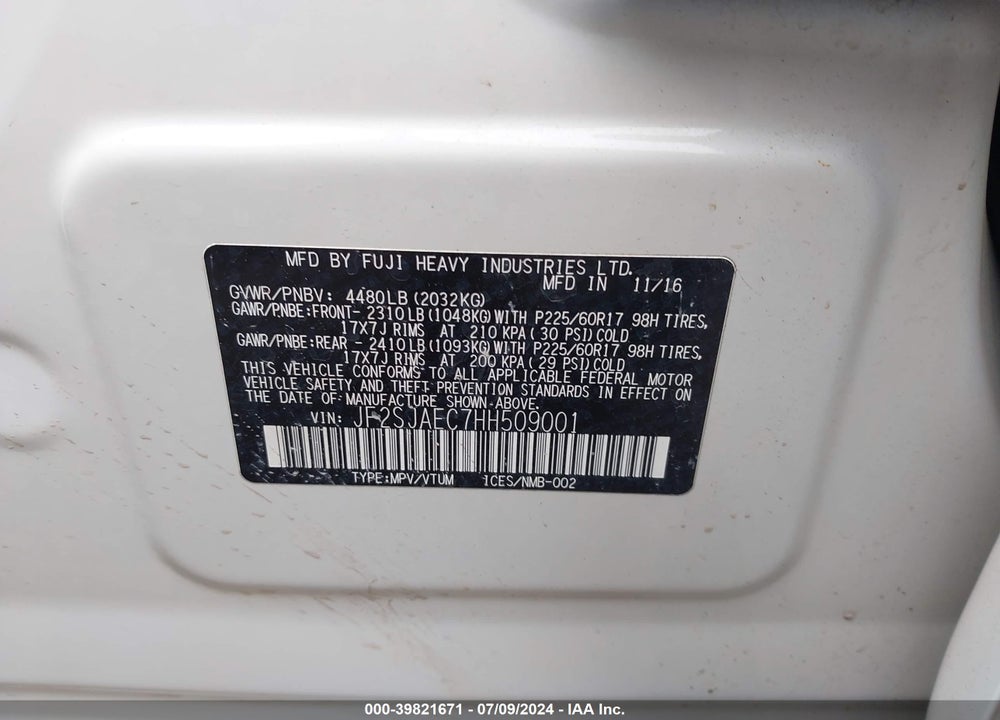 2017 SUBARU FORESTER PREMIUM VIN: JF2SJAEC7HH509001