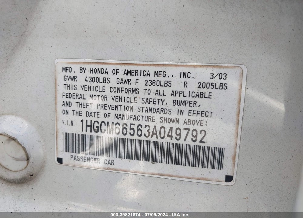 2003 HONDA ACCORD 3.0 EX VIN: 1HGCM66563A049792