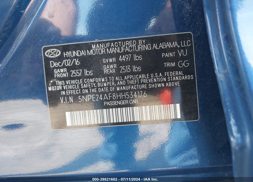 2017 HYUNDAI SONATA VIN: 5NPE24AF8HH534176