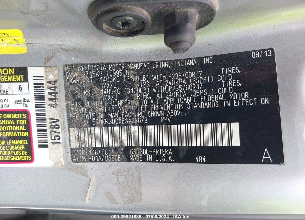 2014 TOYOTA SIENNA LE V6 8 PASSENGER VIN: 5TDKK3DCXES408678