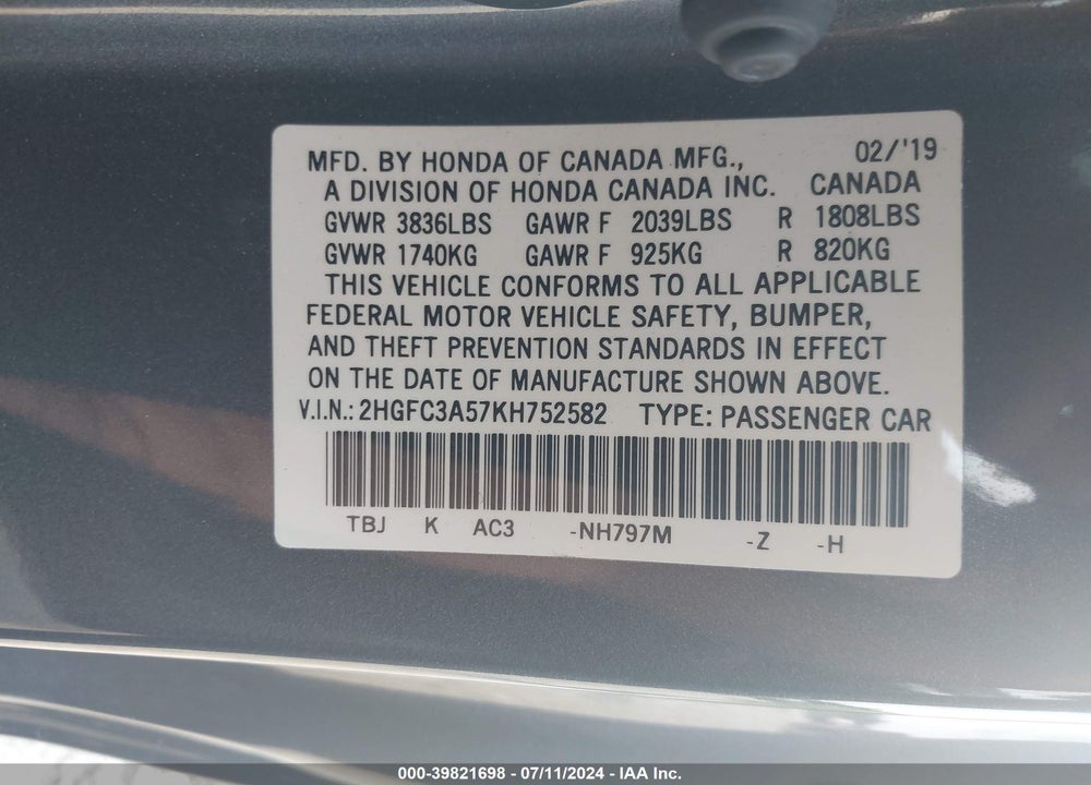 2019 HONDA CIVIC SI VIN: 2HGFC3A57KH752582