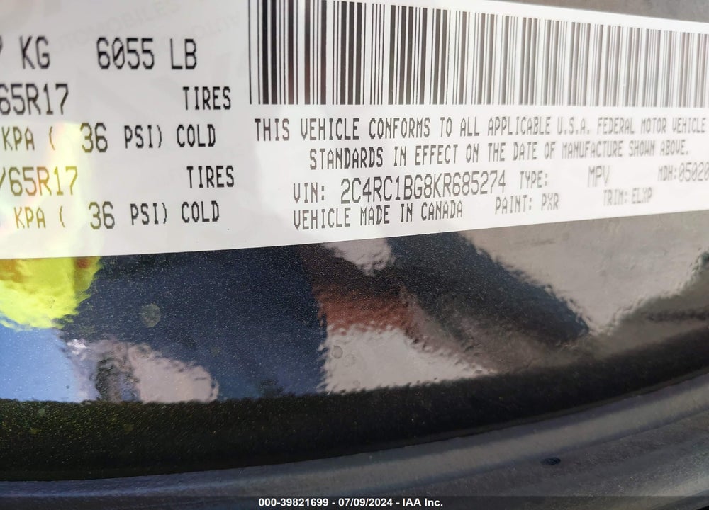 2019 CHRYSLER PACIFICA TOURING L VIN: 2C4RC1BG8KR685274