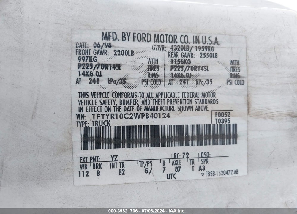 1998 FORD RANGER SPLASH/XL/XLT VIN: 1FTYR10C2WPB40124