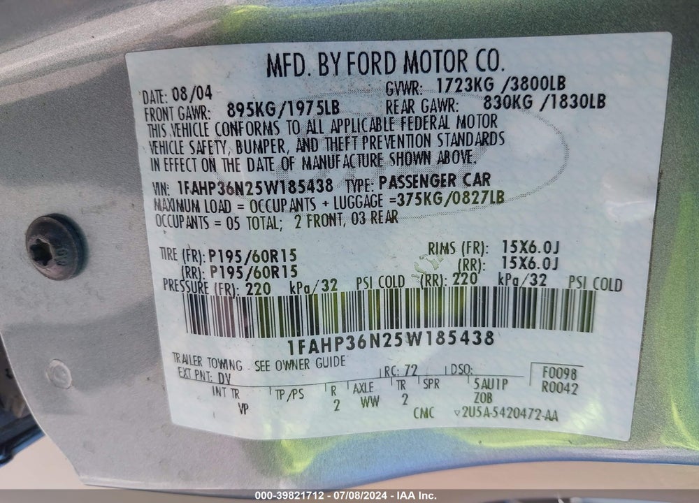 2005 FORD FOCUS ZXW VIN: 1FAHP36N25W185438