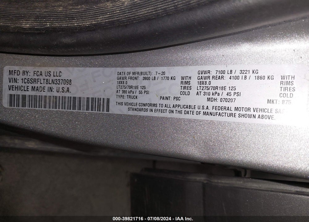2020 RAM 1500 REBEL 4X4 5'7 BOX VIN: 1C6SRFLT8LN337098