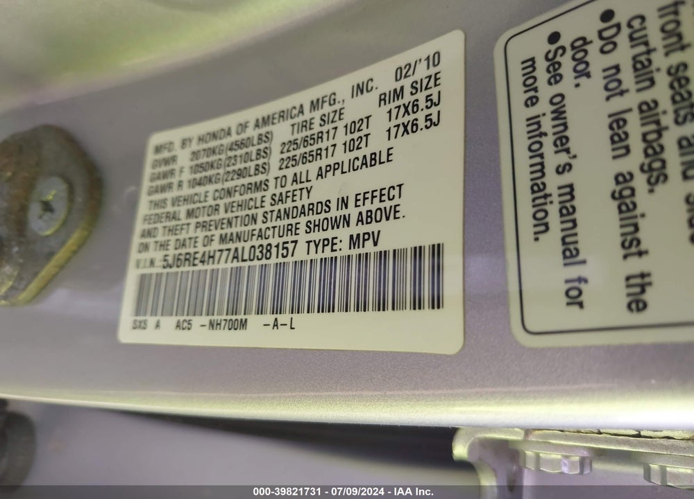 2010 HONDA CR-V EX-L VIN: 5J6RE4H77AL038157
