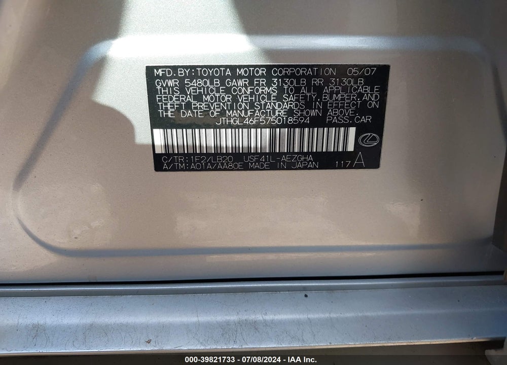 2007 LEXUS LS 460 L VIN: JTHGL46F575018594