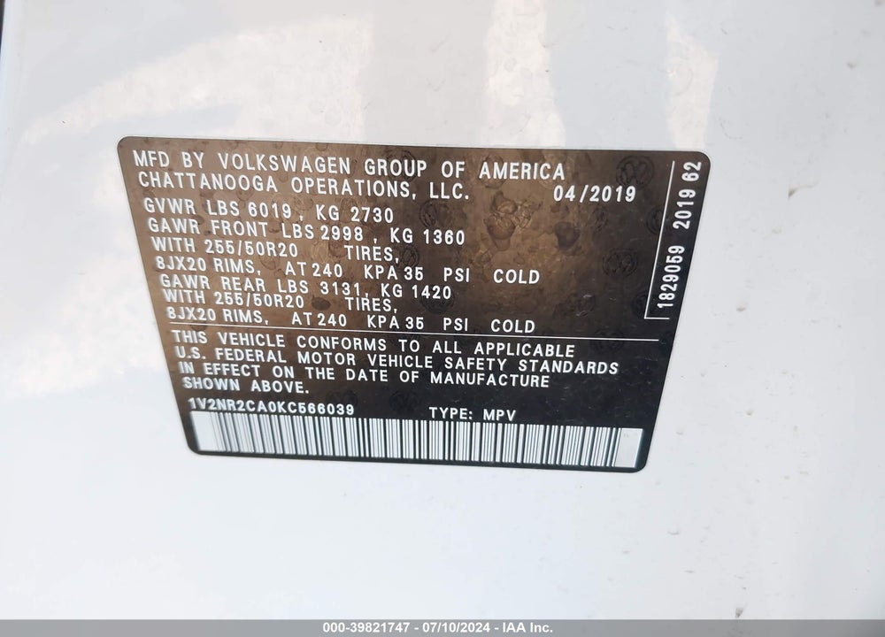 2019 VOLKSWAGEN ATLAS 3.6L V6 SEL PREMIUM VIN: 1V2NR2CA0KC566039