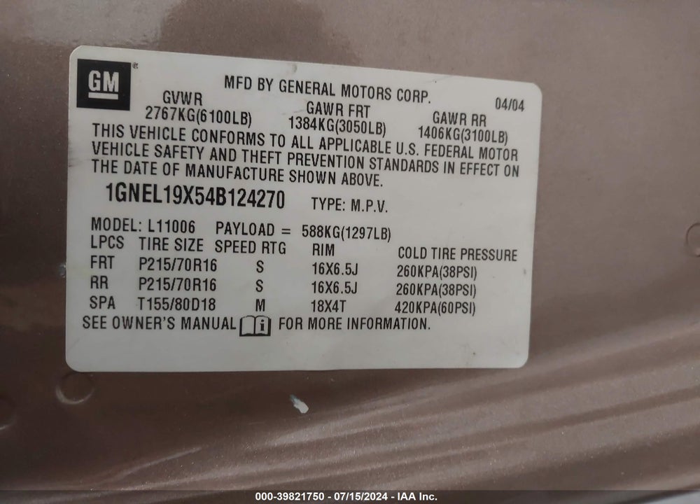 2004 CHEVROLET ASTRO VIN: 1GNEL19X54B124270