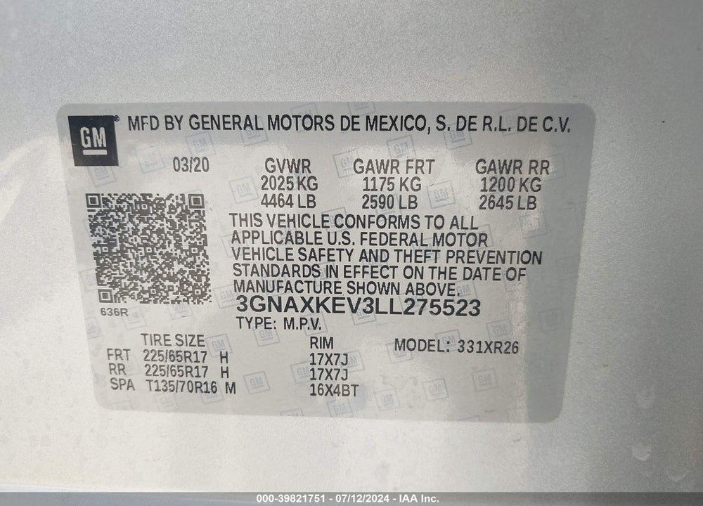 2020 CHEVROLET EQUINOX FWD LT 1.5L TURBO VIN: 3GNAXKEV3LL275523