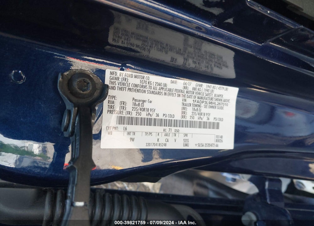 2017 FORD FOCUS VIN: 1FADP3L98HL267010