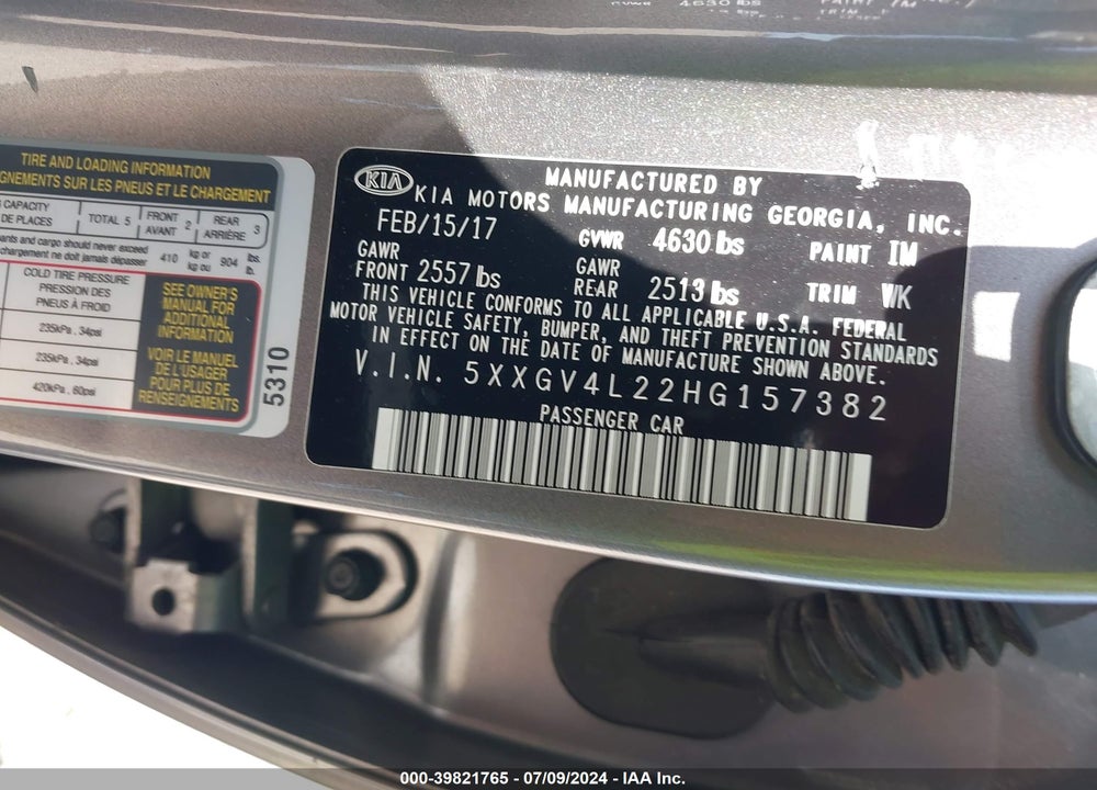 2017 KIA OPTIMA SXL TURBO VIN: 5XXGV4L22HG157382
