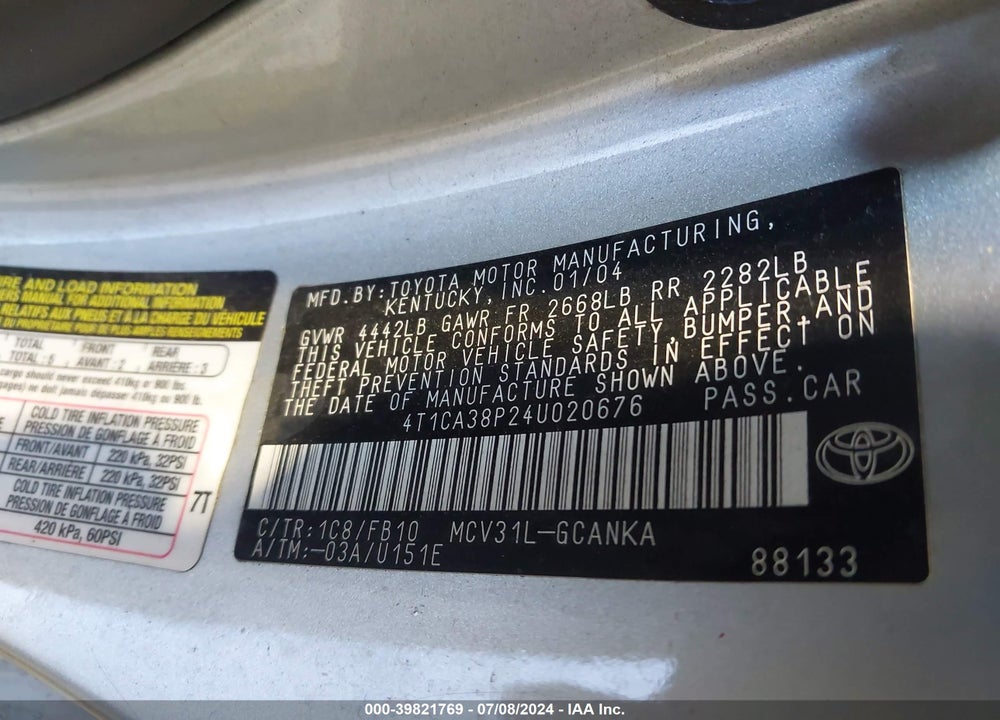 2004 TOYOTA CAMRY SOLARA SE V6 VIN: 4T1CA38P24U020676