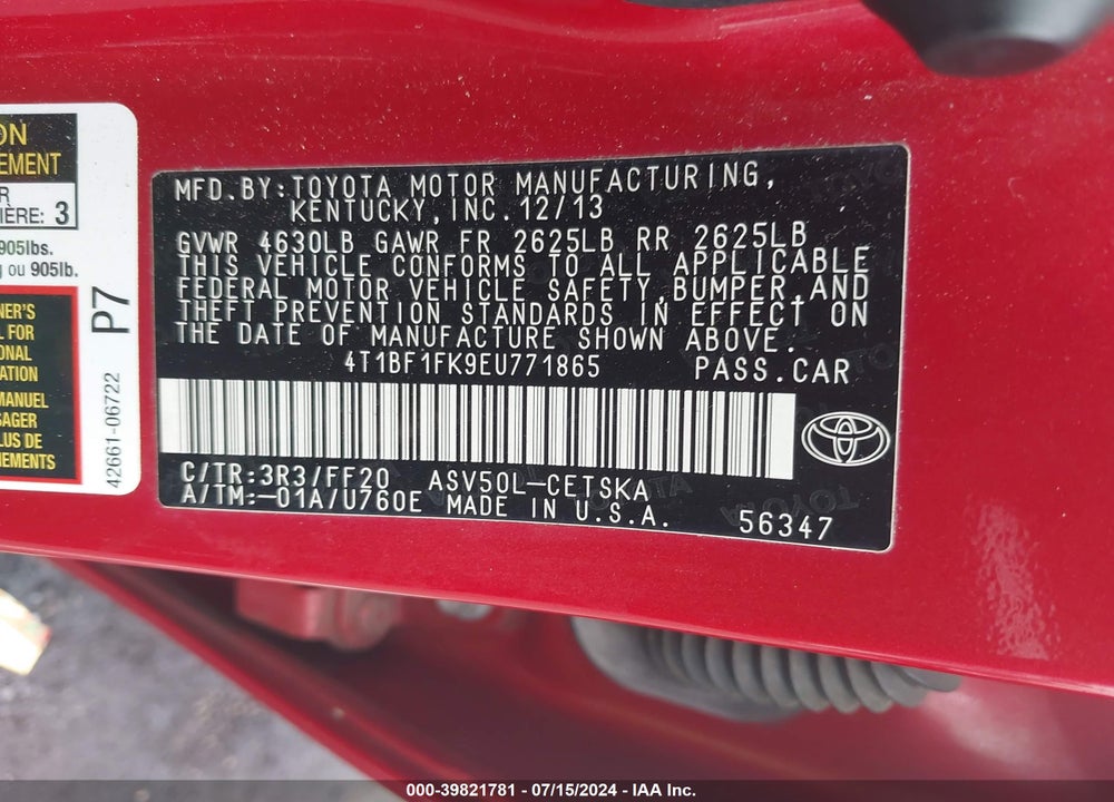 2014 TOYOTA CAMRY SE VIN: 4T1BF1FK9EU771865