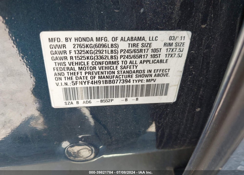 2011 HONDA PILOT TOURING VIN: 5FNYF4H91BB077394