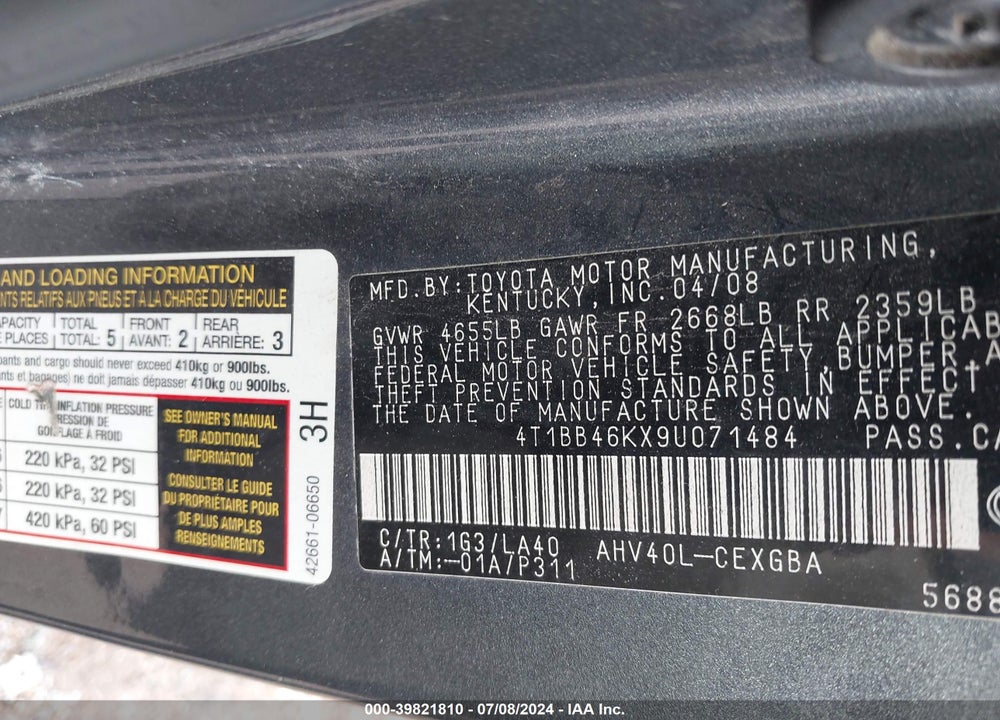 2009 TOYOTA CAMRY HYBRID VIN: 4T1BB46KX9U071484