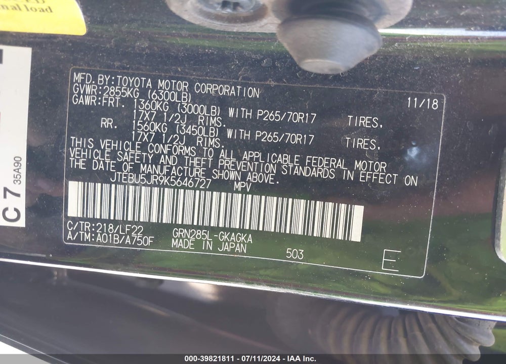 2019 TOYOTA 4RUNNER TRD PRO VIN: JTEBU5JR9K5646727
