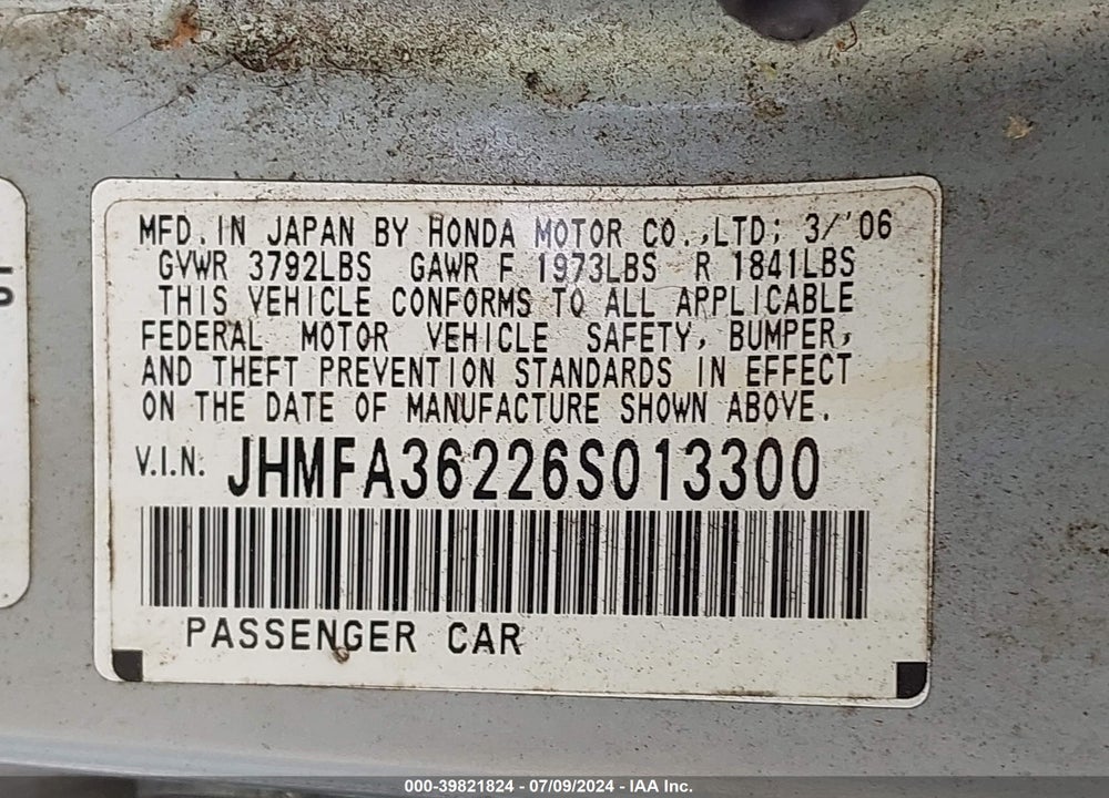 2006 HONDA CIVIC HYBRID VIN: JHMFA36226S013300