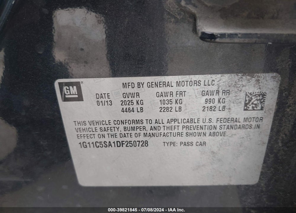 2013 CHEVROLET MALIBU 1LT VIN: 1G11C5SA1DF250728
