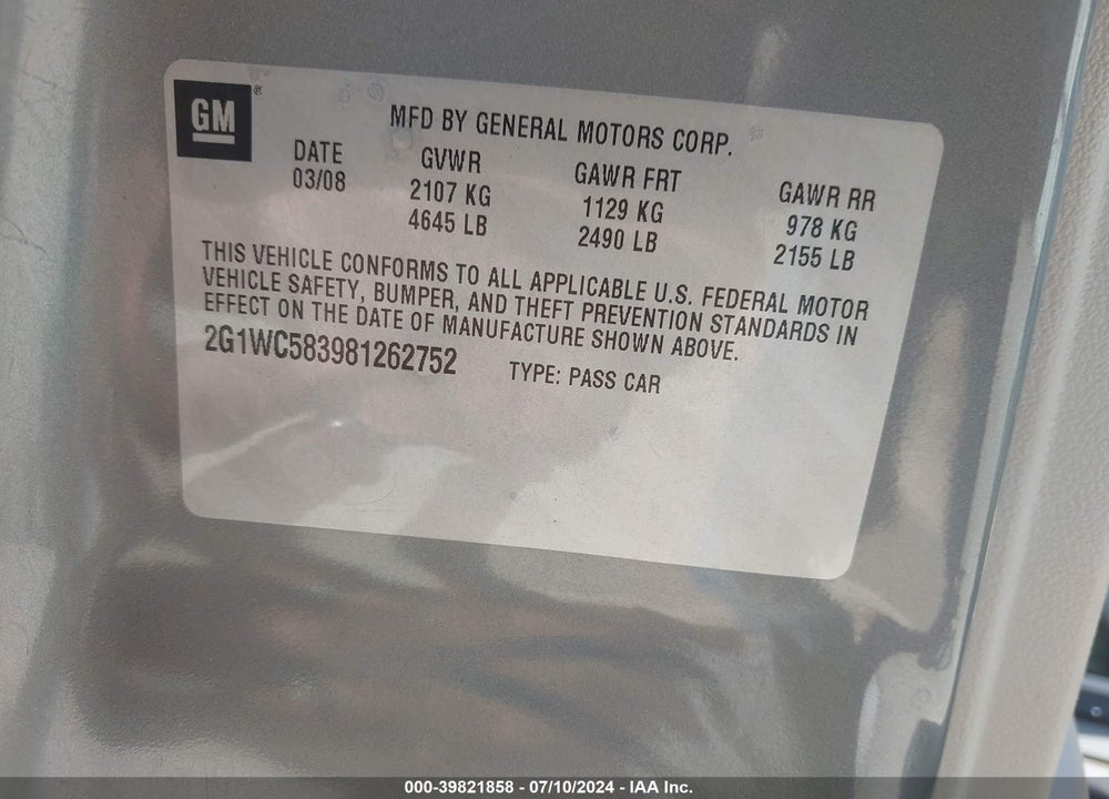 2008 CHEVROLET IMPALA LT VIN: 2G1WC583981262752