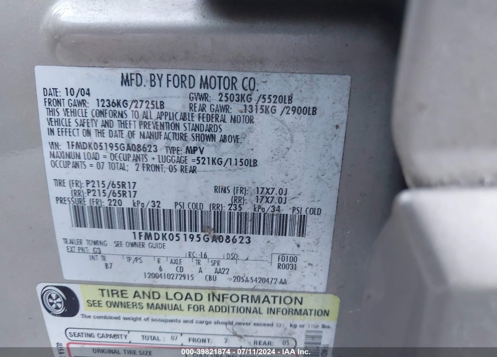 2005 FORD FREESTYLE SEL VIN: 1FMDK05195GA08623