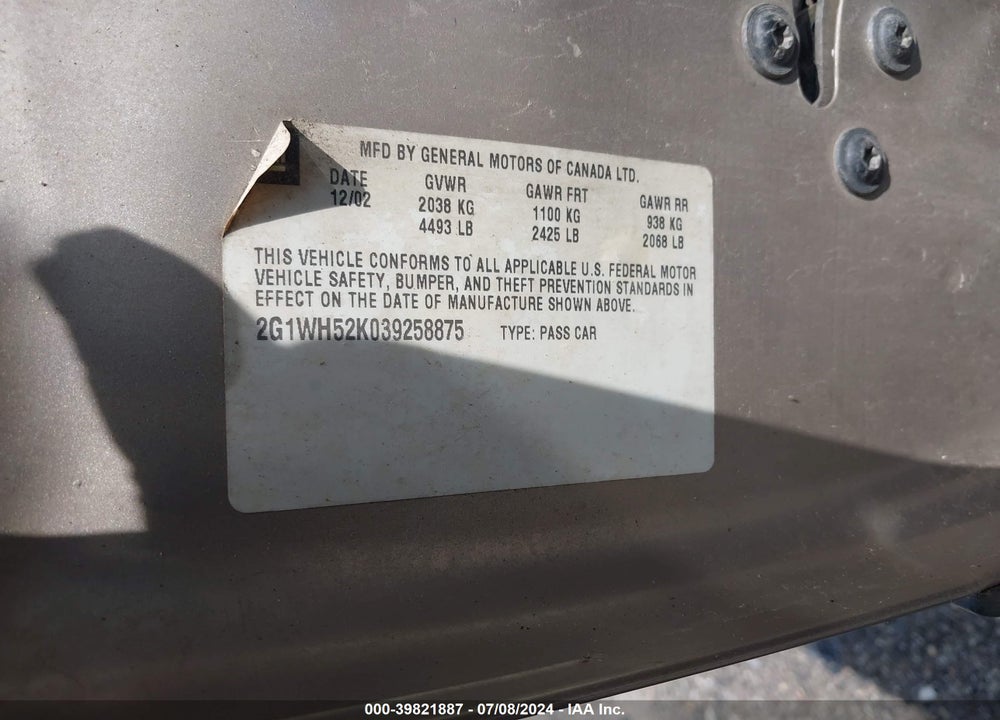 2003 CHEVROLET IMPALA LS VIN: 2G1WH52K039258875