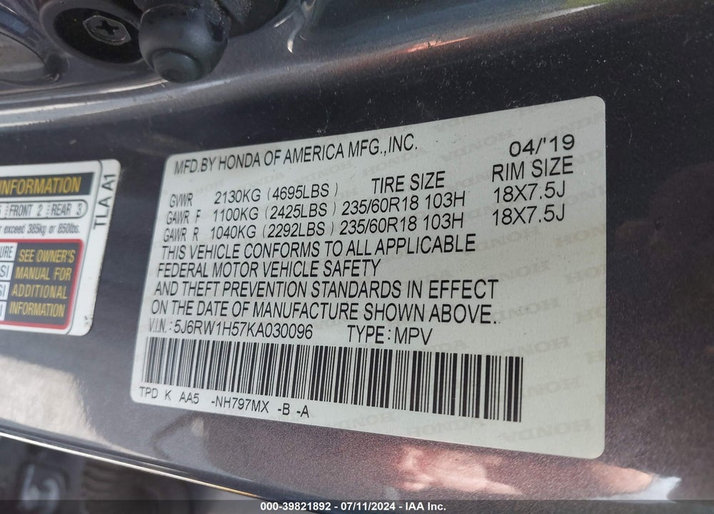 2019 HONDA CR-V EX VIN: 5J6RW1H57KA030096