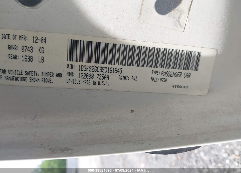 2005 DODGE NEON SE VIN: 1B3ES26C35D161943