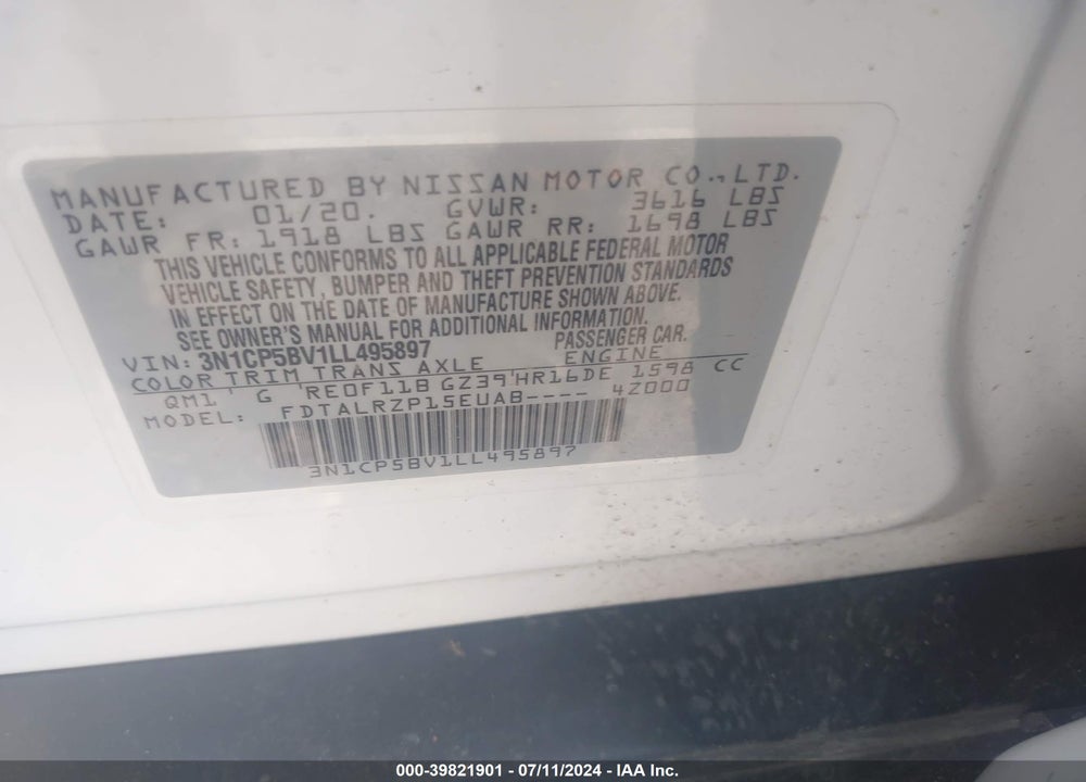 2020 NISSAN KICKS S XTRONIC CVT VIN: 3N1CP5BV1LL495897