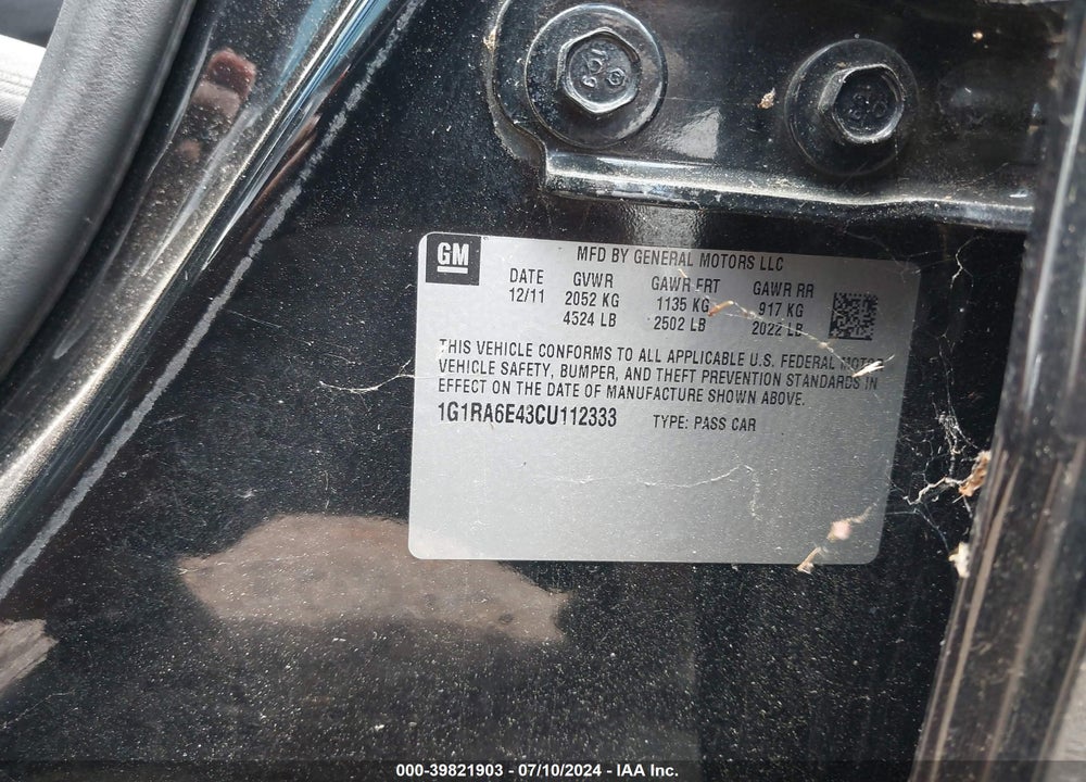 2012 CHEVROLET VOLT VIN: 1G1RA6E43CU112333