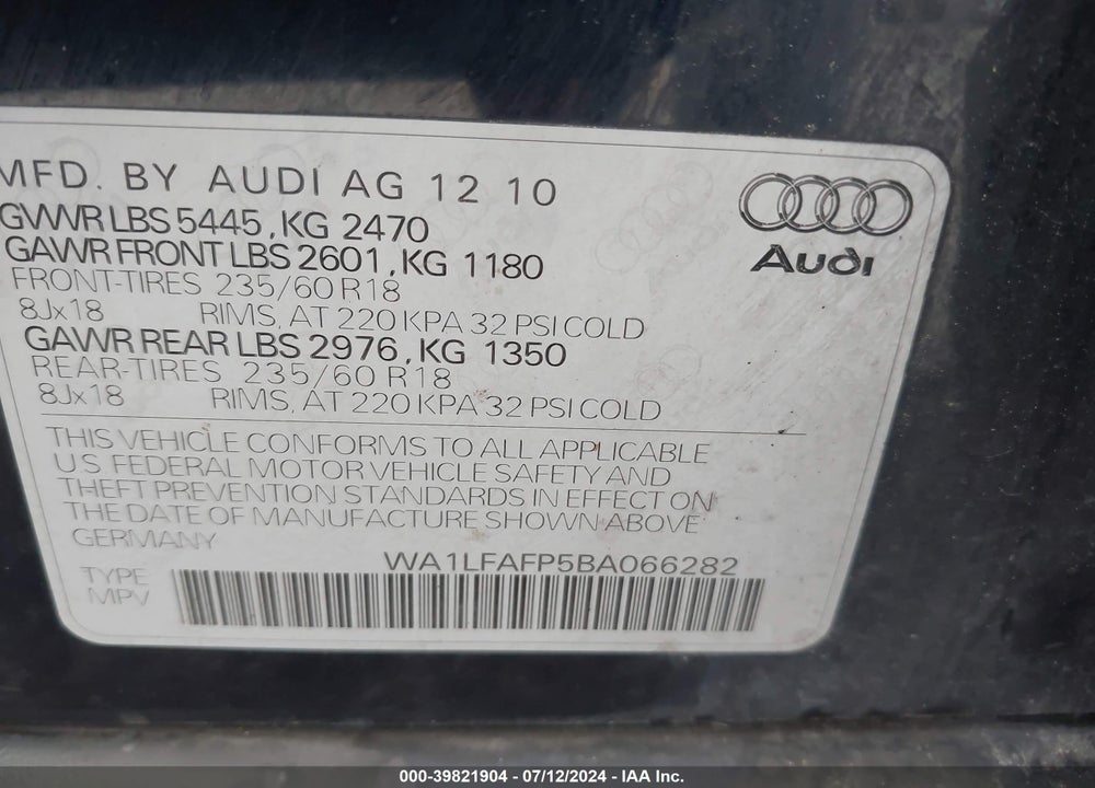 2011 AUDI Q5 2.0T PREMIUM VIN: WA1LFAFP5BA066282