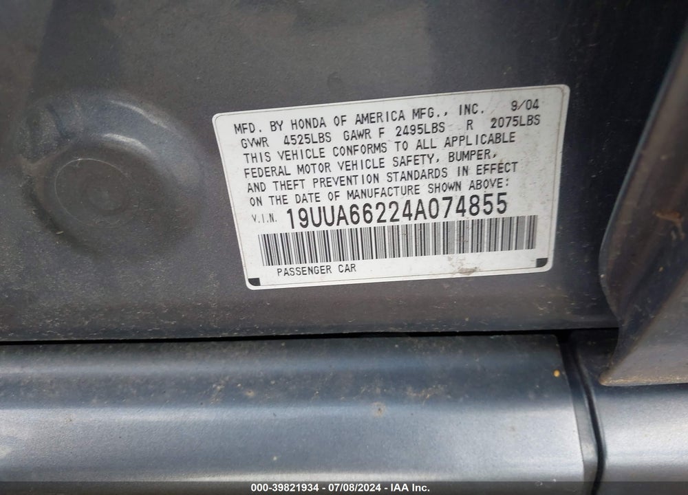 2004 ACURA TL VIN: 19UUA66224A074855