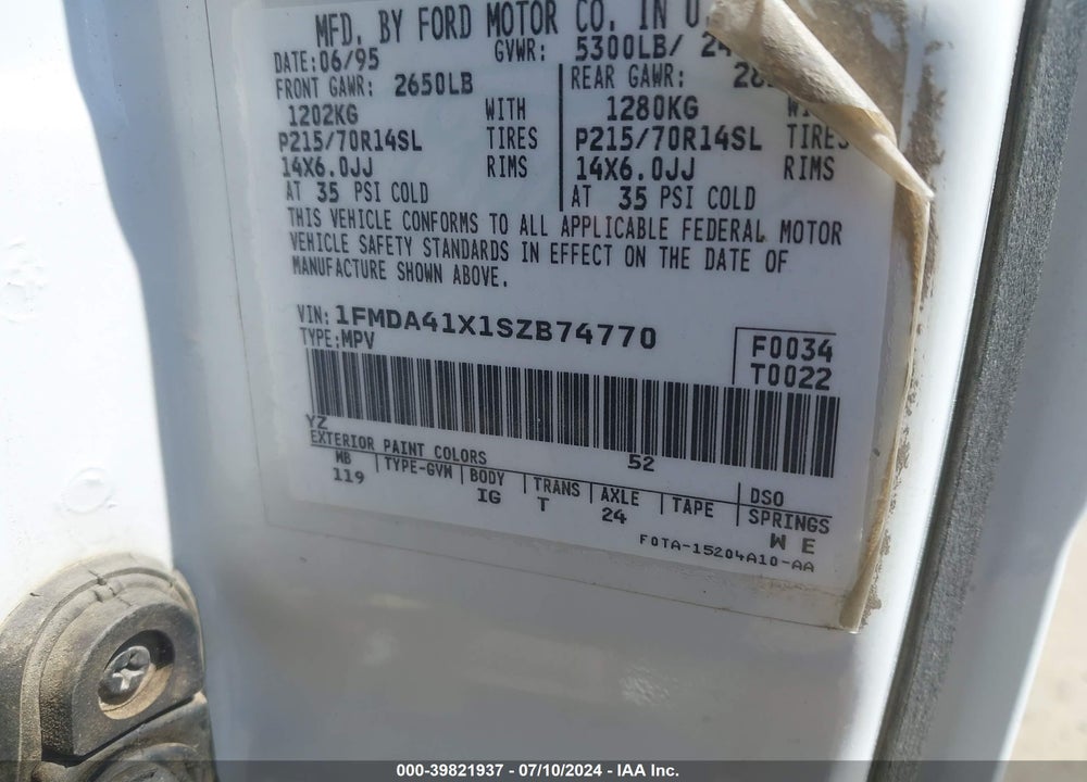1995 FORD AEROSTAR VIN: 1FMDA41X1SZB74770