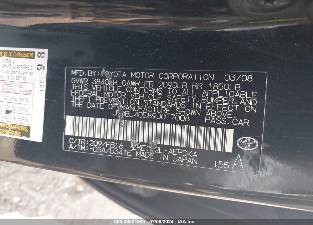 2009 TOYOTA COROLLA LE VIN: JTDBL40E89J017008