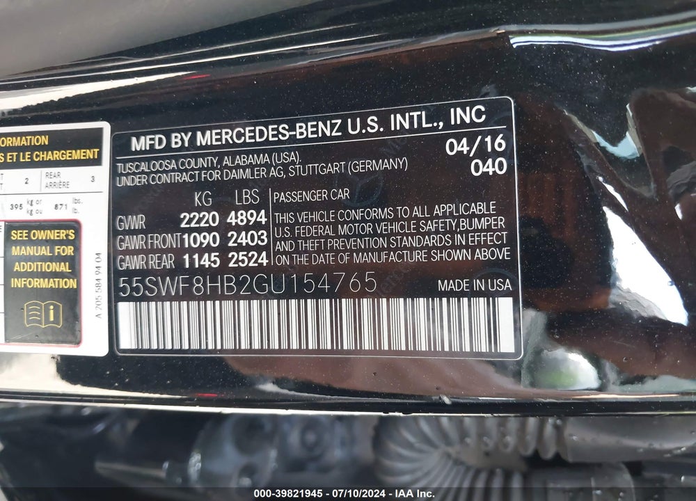 2016 MERCEDES-BENZ AMG C 63 S VIN: 55SWF8HB2GU154765