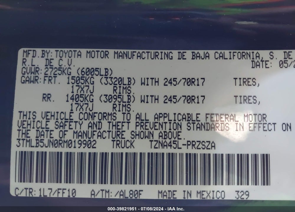 2024 TOYOTA TACOMA SR5 VIN: 3TMLB5JN0RM019902