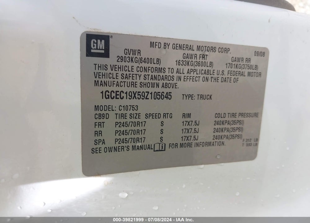 2009 CHEVROLET SILVERADO 1500 WORK TRUCK VIN: 1GCEC19X59Z105645
