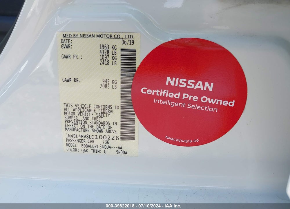 2020 NISSAN ALTIMA S FWD VIN: 1N4BL4BV8LC100226