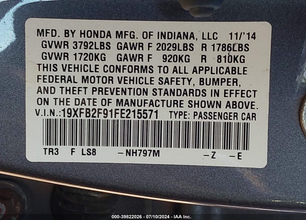 2015 HONDA CIVIC EX-L VIN: 19XFB2F91FE215571