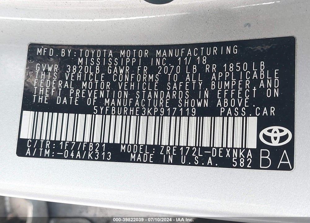 2019 TOYOTA COROLLA LE VIN: 5YFBURHE3KP917119