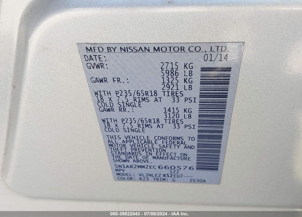 2014 NISSAN PATHFINDER PLATINUM/S/SL/SV VIN: 5N1AR2MM2EC660576