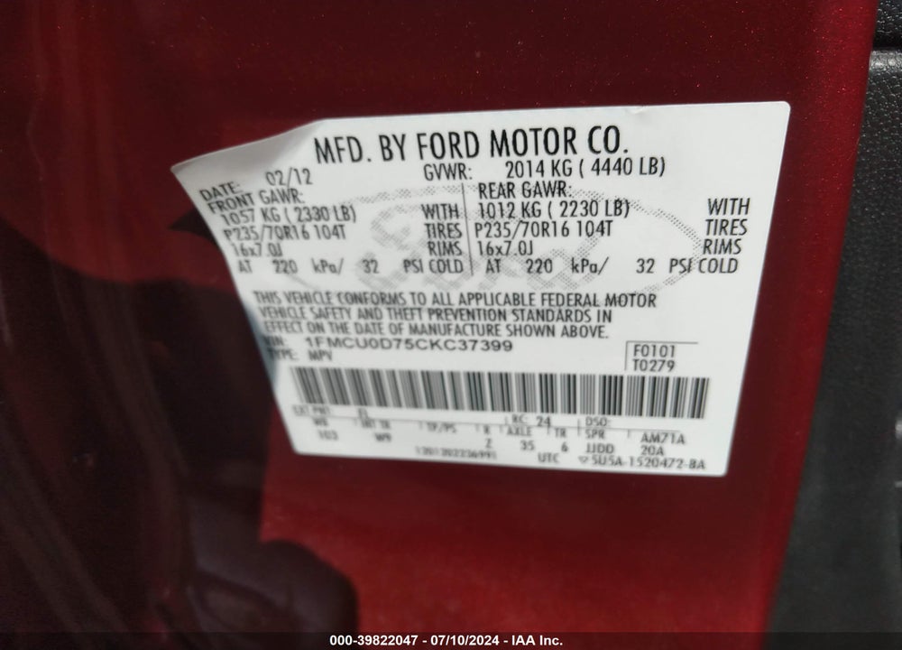 2012 FORD ESCAPE XLT VIN: 1FMCU0D75CKC37399