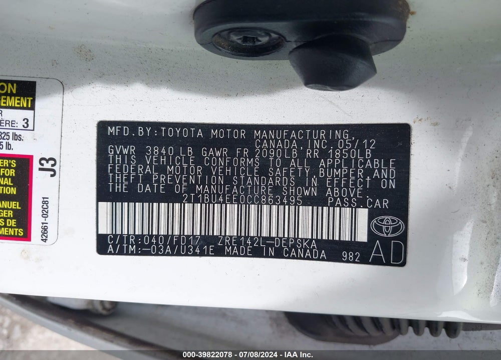 2012 TOYOTA COROLLA S VIN: 2T1BU4EE0CC863495
