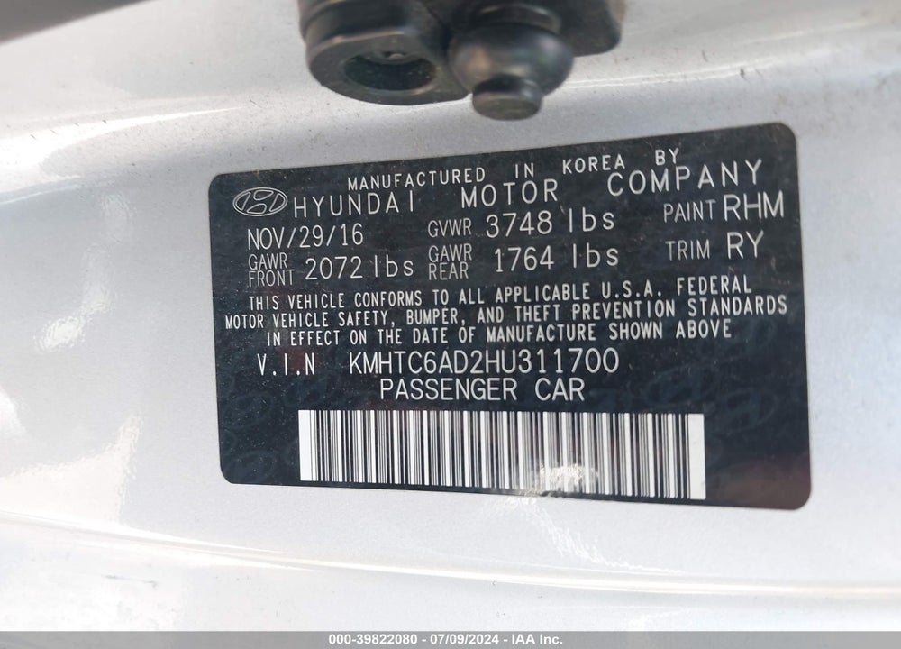 2017 HYUNDAI VELOSTER VIN: KMHTC6AD2HU311700