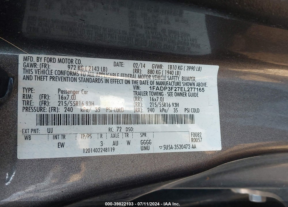 2014 FORD FOCUS SE VIN: 1FADP3F27EL277165