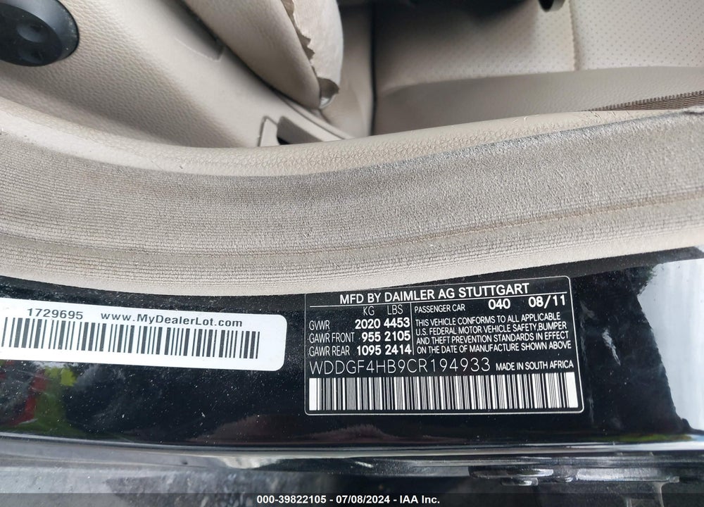 2012 MERCEDES-BENZ C 250 VIN: WDDGF4HB9CR194933