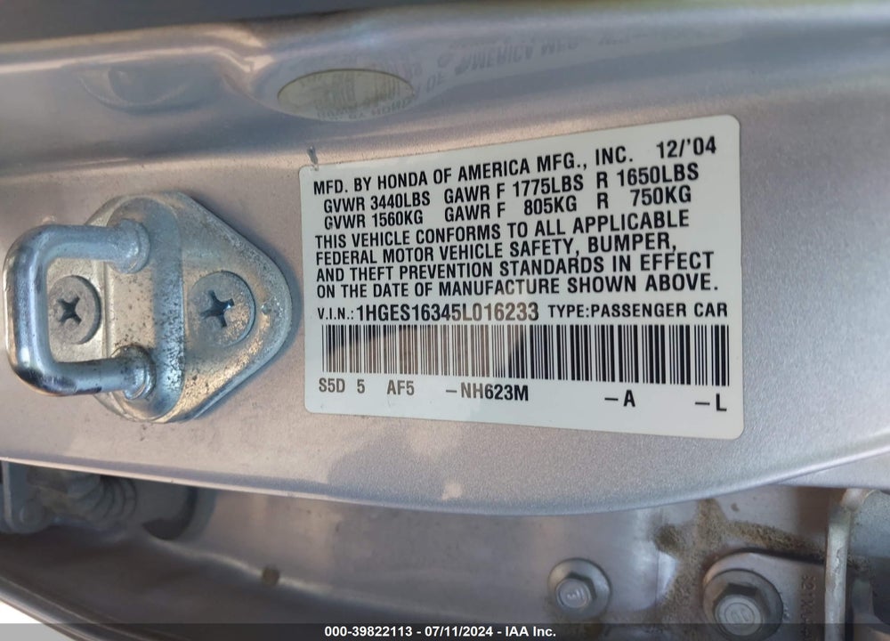 2005 HONDA CIVIC VP VIN: 1HGES16345L016233