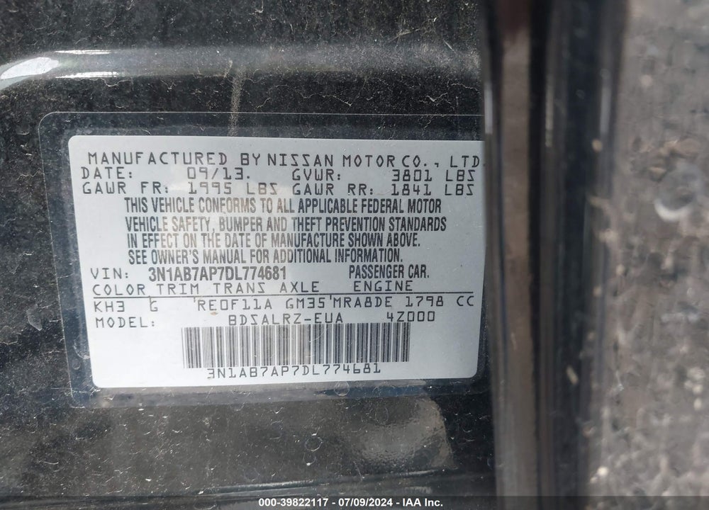 2013 NISSAN SENTRA SR VIN: 3N1AB7AP7DL774681